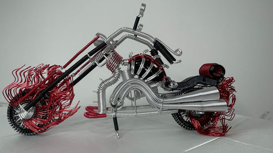 Flame-Themed Wire Motorcycle Model - Artisan Handcrafted Metal Sculpture