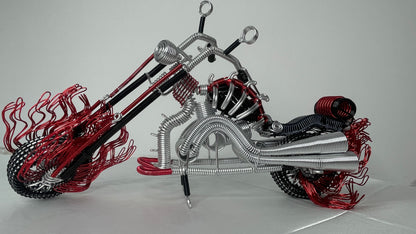 Flame-Themed Wire Motorcycle Model - Artisan Handcrafted Metal Sculpture