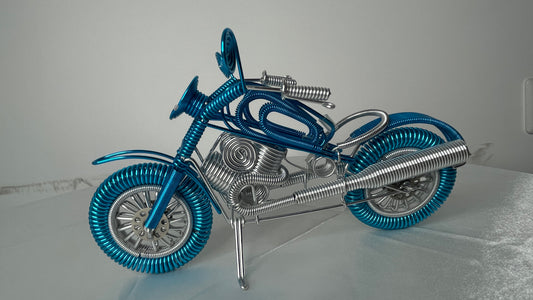 Blue & Silver Handmade Aluminum Wire Motorcycle Sculpture – Unique Metal Art for Collectors & Decor